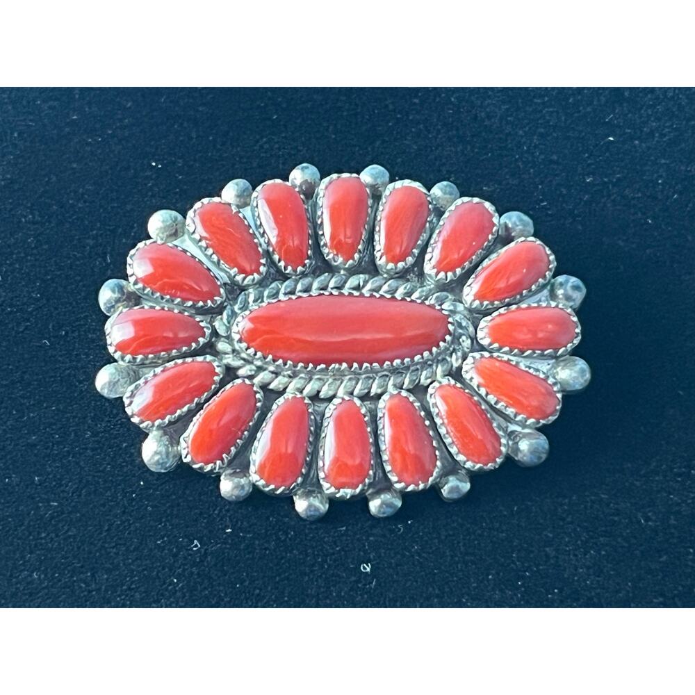 VTG Lorraine Waatsa Red Coral Cluster Sterling Silver Navajo Brooch Pin
